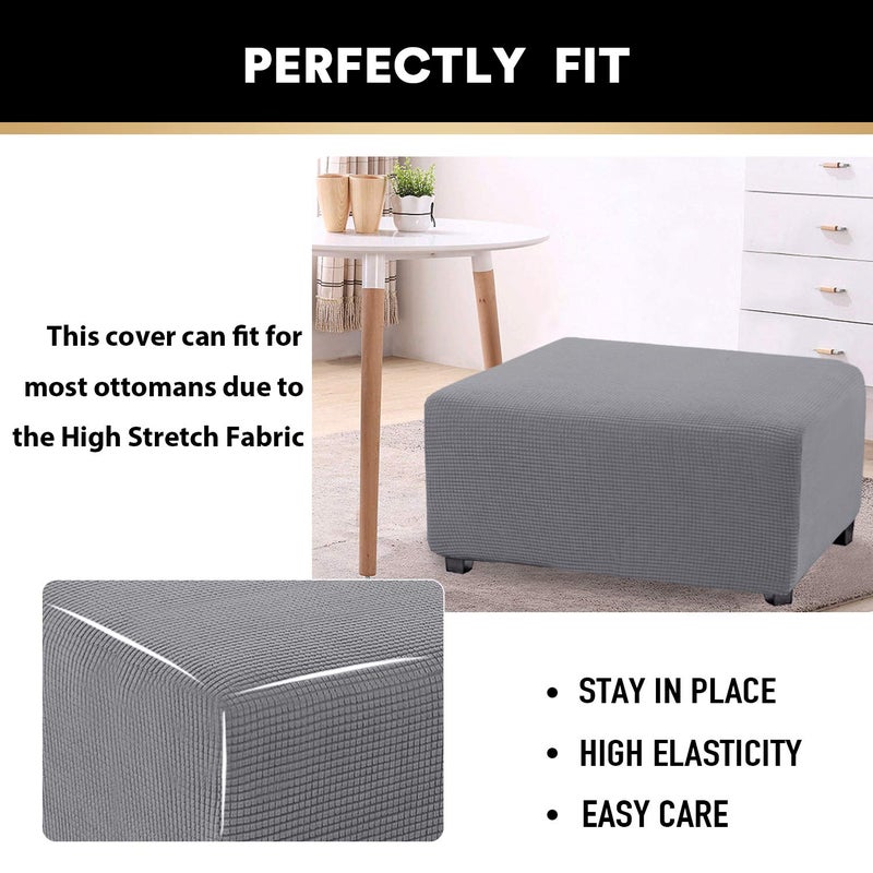 PrinceDeco Stretch Ottoman Cover Ottoman Slipcovers Rectangle for Living Room Foot Stool Stretch Covers to Fit Ottoman Foot Rest, Thick Checked Jacquard Fabric with Elastic Bottom (Large Size, Dove) - Image 4